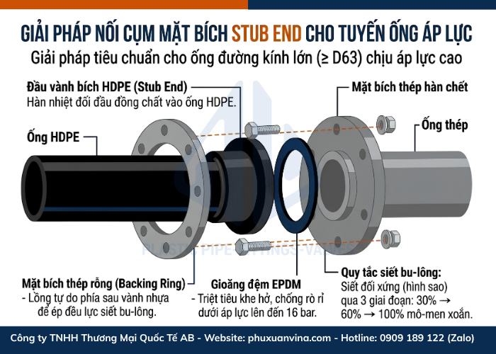 Quy cách cấu tạo cụm nối mặt bích Stub End và backing ring cho ống HDPE với ống thép