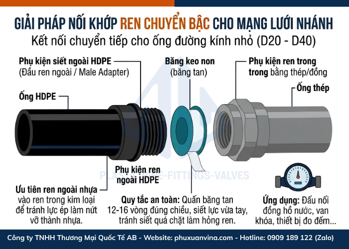 Phương pháp nối ren chuyển bậc ngoài HDPE vào ren trong ống thép chống nứt vỡ